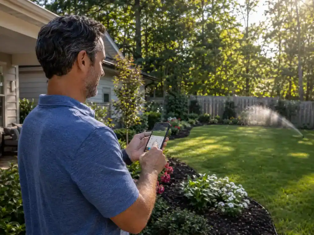Homeowner using Hydrawise smart irrigation app to control lawn sprinklers