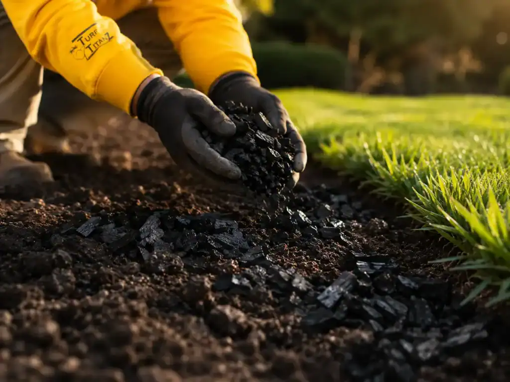 Biochar services being applied to a Raleigh lawn to support soil health and stronger root growth