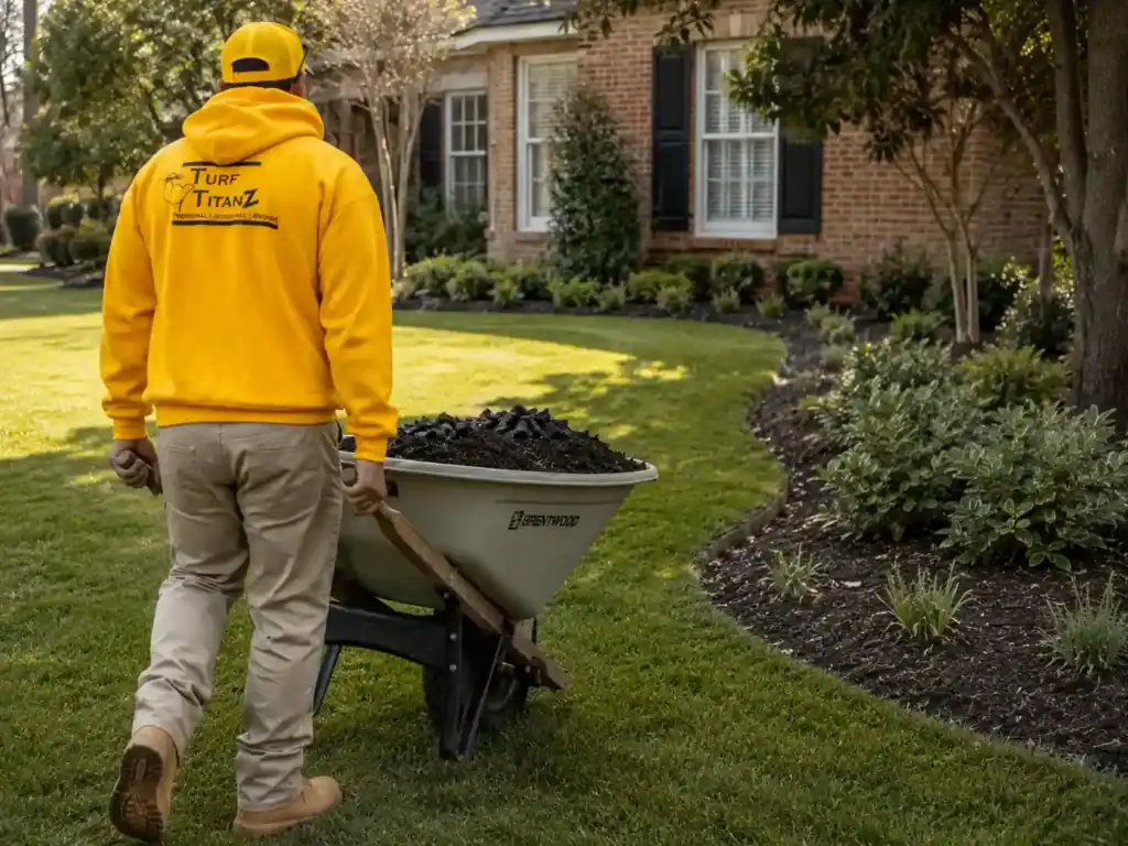 Turf TitanZ technician transporting materials for biochar services at a Wake Forest residential lawn