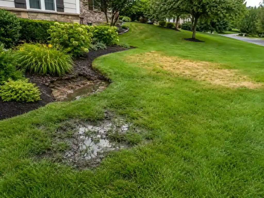 Soggy lawn, soil erosion, and stressed grass caused by a possible hidden irrigation leak