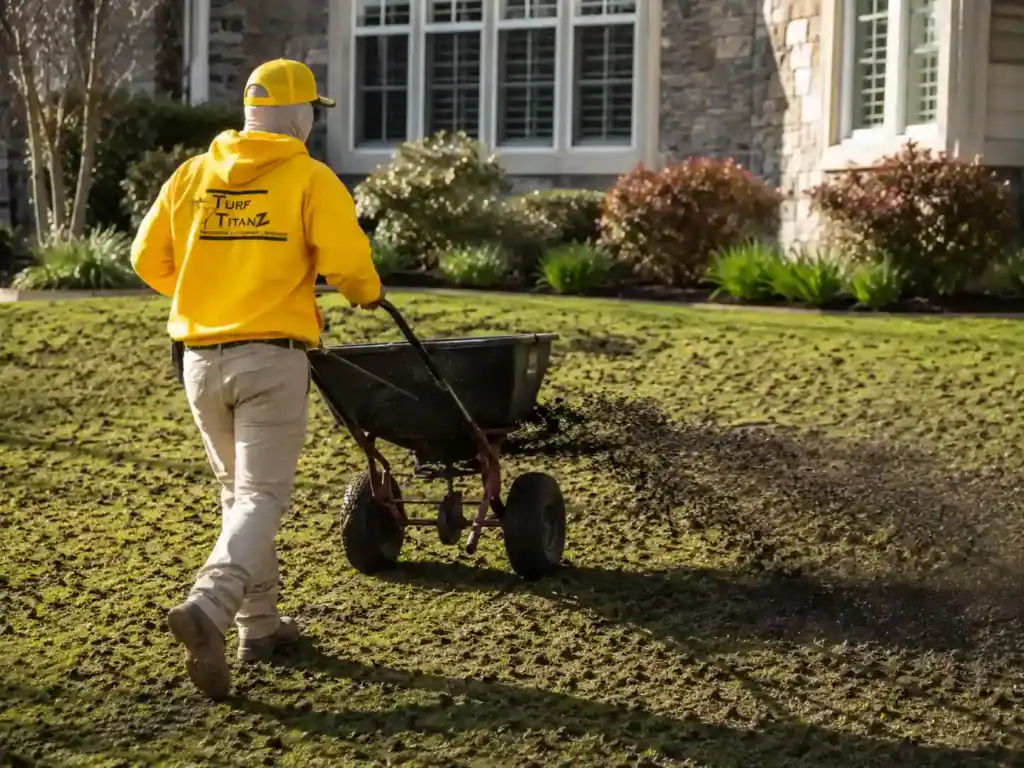 Biochar services being spread across a residential lawn in Raleigh to help improve soil support and moisture retention