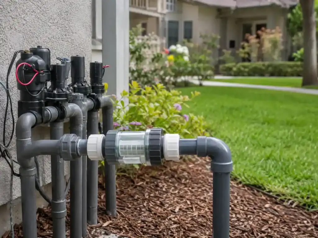 Residential irrigation flow meter installed near the valve assembly to monitor water use