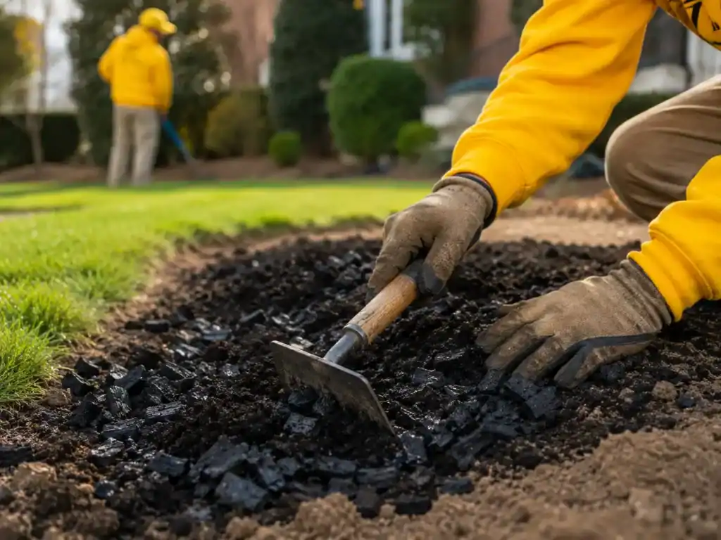 Biochar services being incorporated into the soil during a Wake Forest lawn treatment for long-term soil health