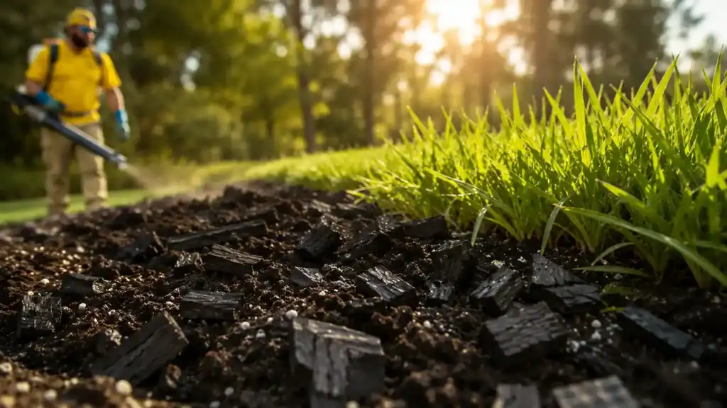 Biochar mixed into soil beside healthy grass to help Triangle lawns retain moisture during drought