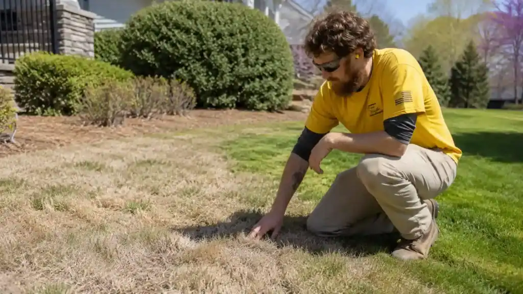 Turf TitanZ technician inspecting dry and healthy sections of a Triangle lawn during drought conditions