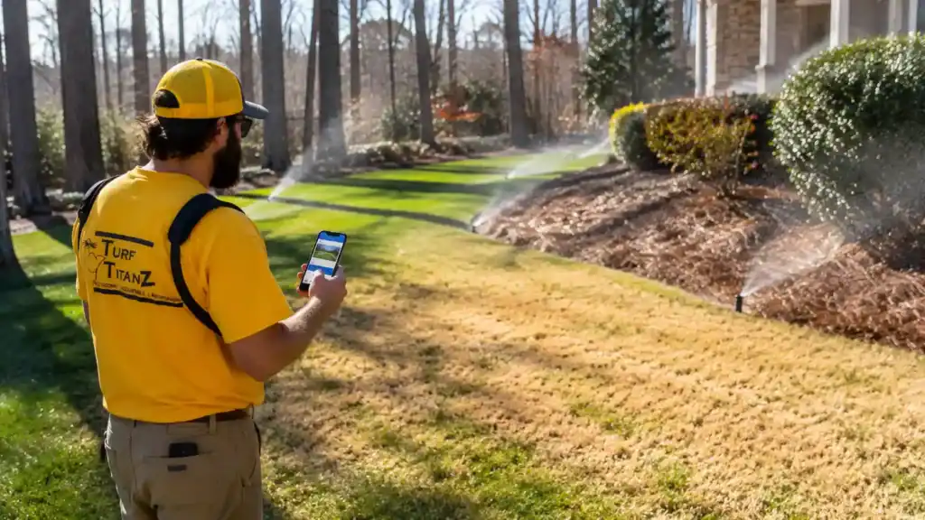 Turf TitanZ technician using Hydrawise to review sprinkler coverage on a drought-stressed Triangle lawn