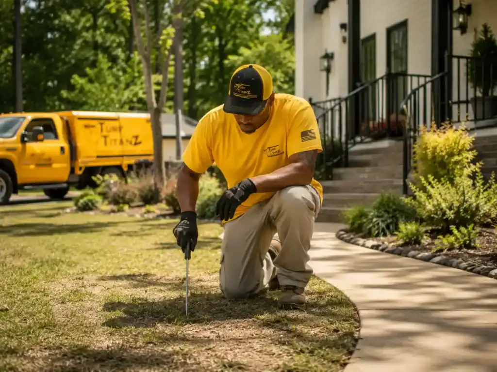 Turf TitanZ technician checking compacted soil near a Wake Forest walkway
