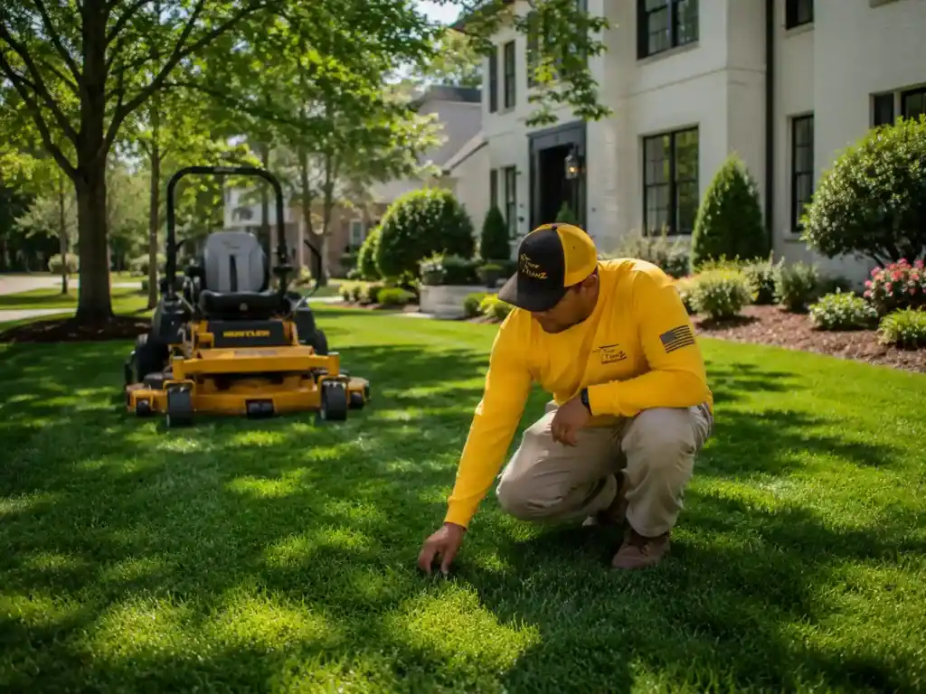 Turf TitanZ technician inspecting grass types on a Wake Forest lawn