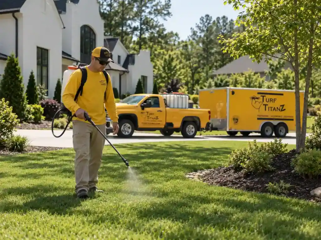 Turf TitanZ technician providing insect control services for a Wake Forest lawn