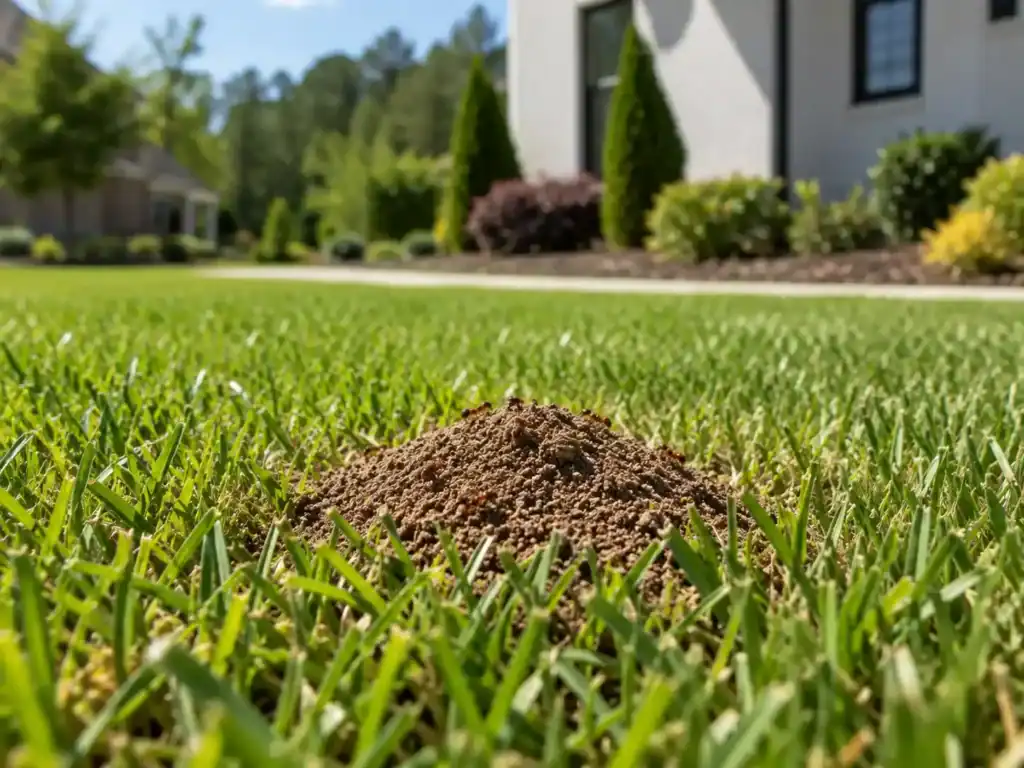 Fire ant mound in a lawn targeted by Turf TitanZ’s Total Insect Control Program