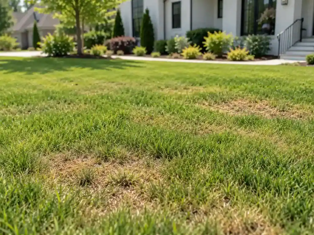 Brown and thinning grass showing possible lawn insect damage